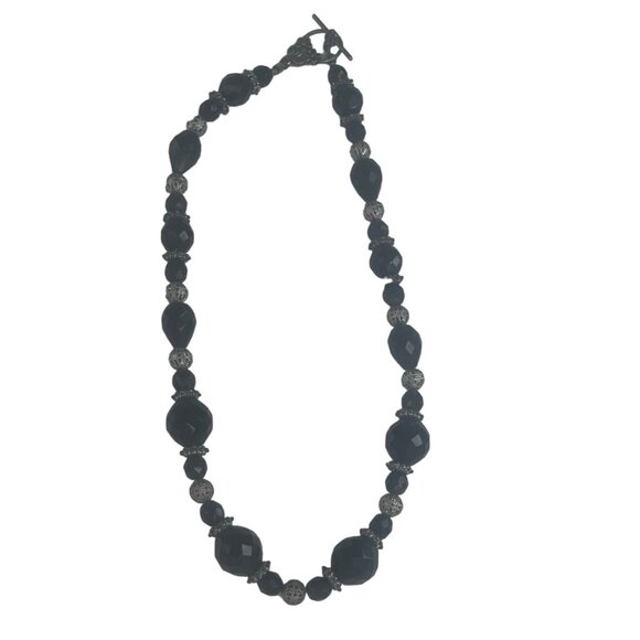 Beaded Necklace With Black Faceted Beads & Silver Accents 18" - Picture 1 of 4